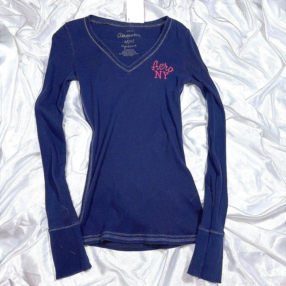 y2k Aeropostale Long Sleeve Thermal Navy Blue Ribbed V-Neck Logo Shirt